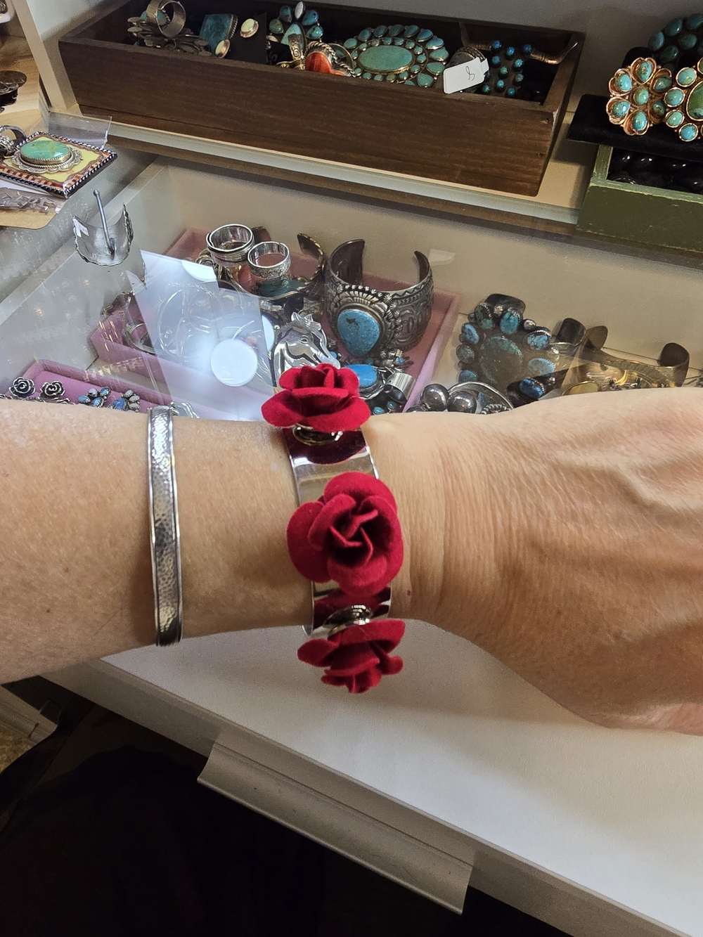 Silver Cuff Bracelet with Red Rose Accents - Women Jewelry